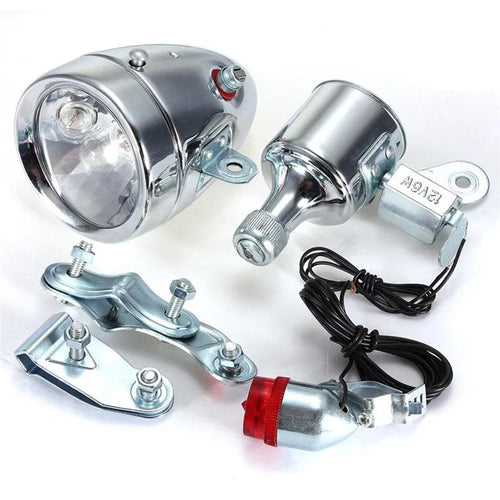Silver bicycle dynamo-powered generator light with friction drive for front and rear lighting
