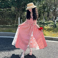 Girls red plaid non-slip princess dress with lace stitching, polyester fibre, available in 120cm to 170cm height options