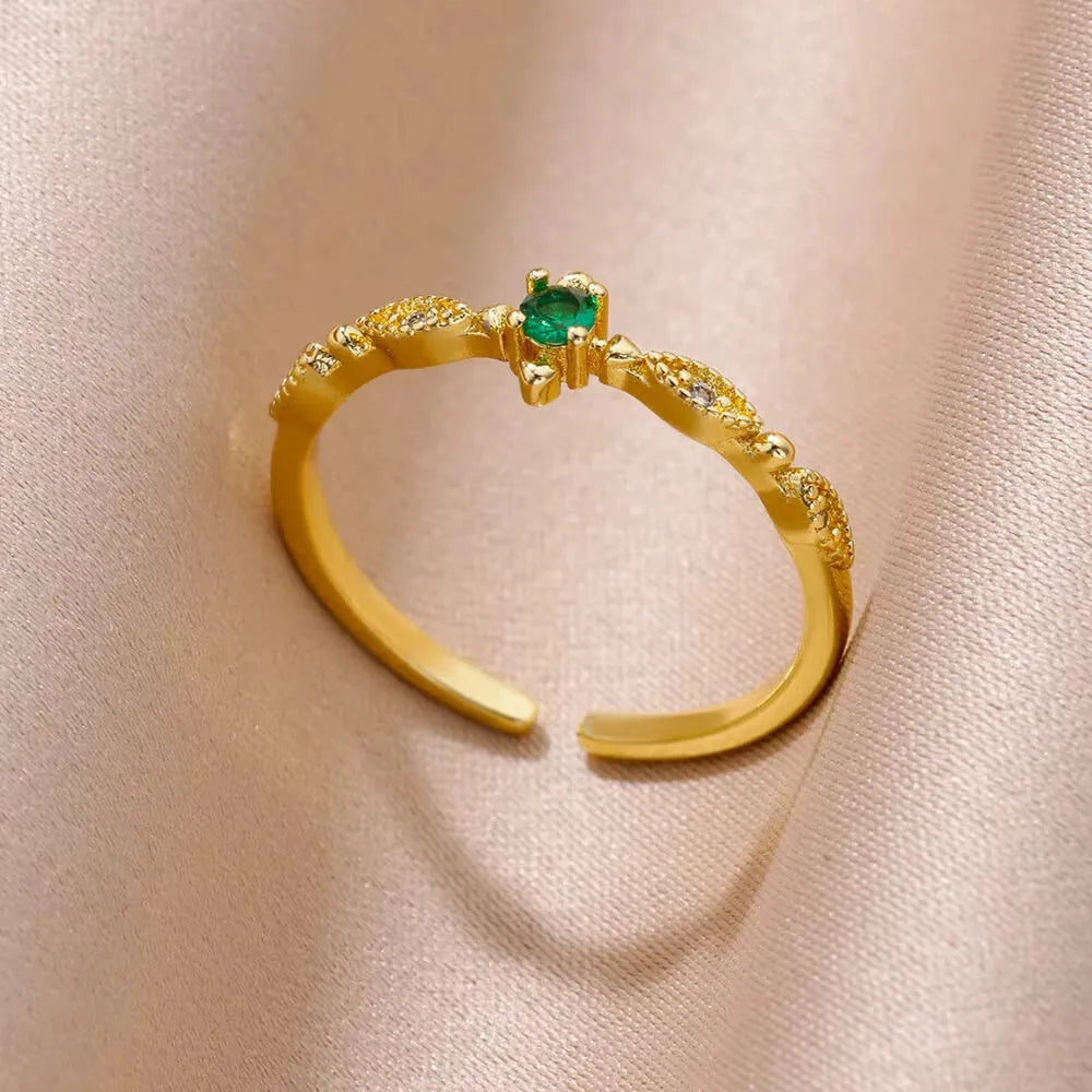 Adjustable 18K gold plated love emerald ring with synthetic zircon for women, open mouth copper design