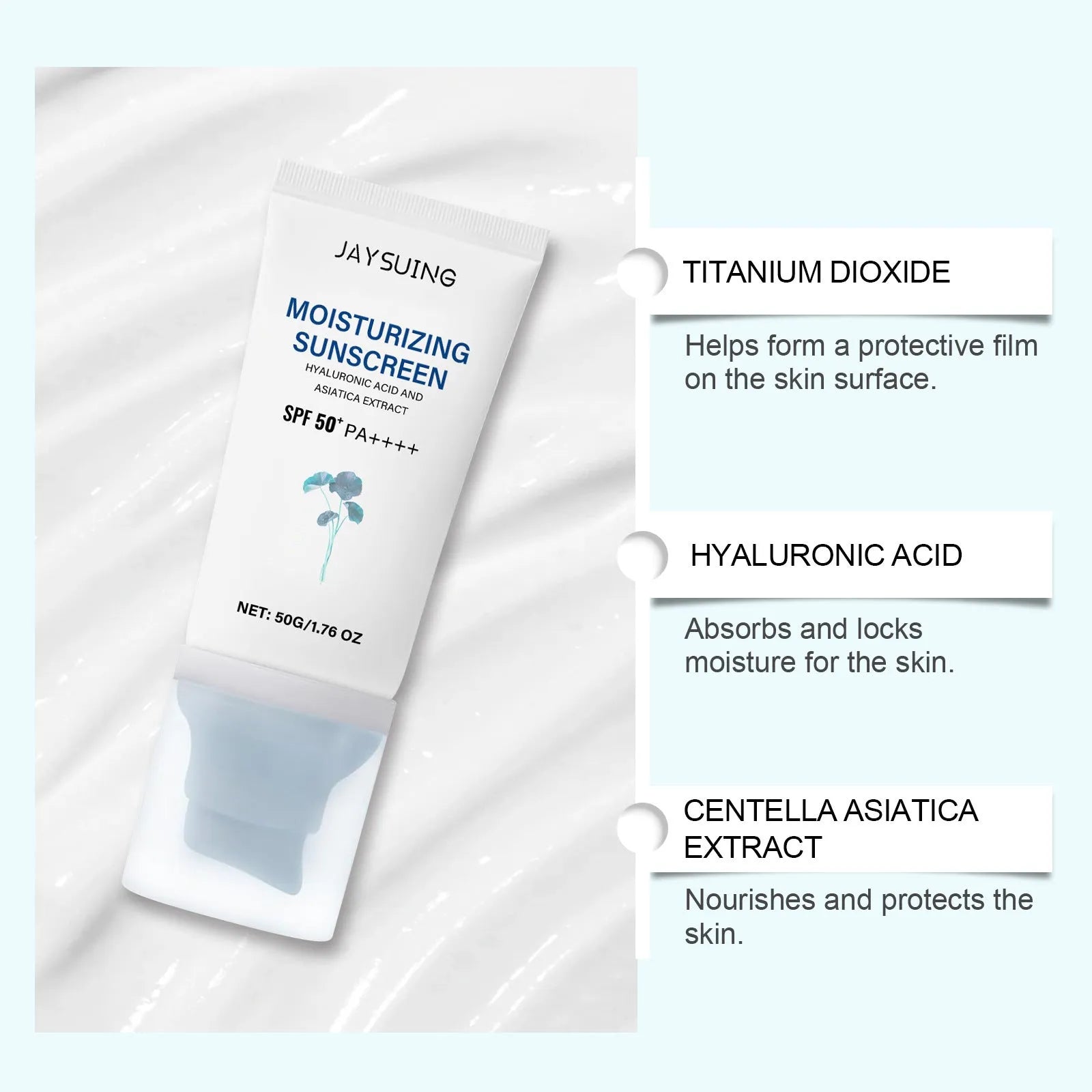 Skitsun Snow Grass Sunscreen cream in 50g tube with Centella Extract and Hyaluronic Acid
