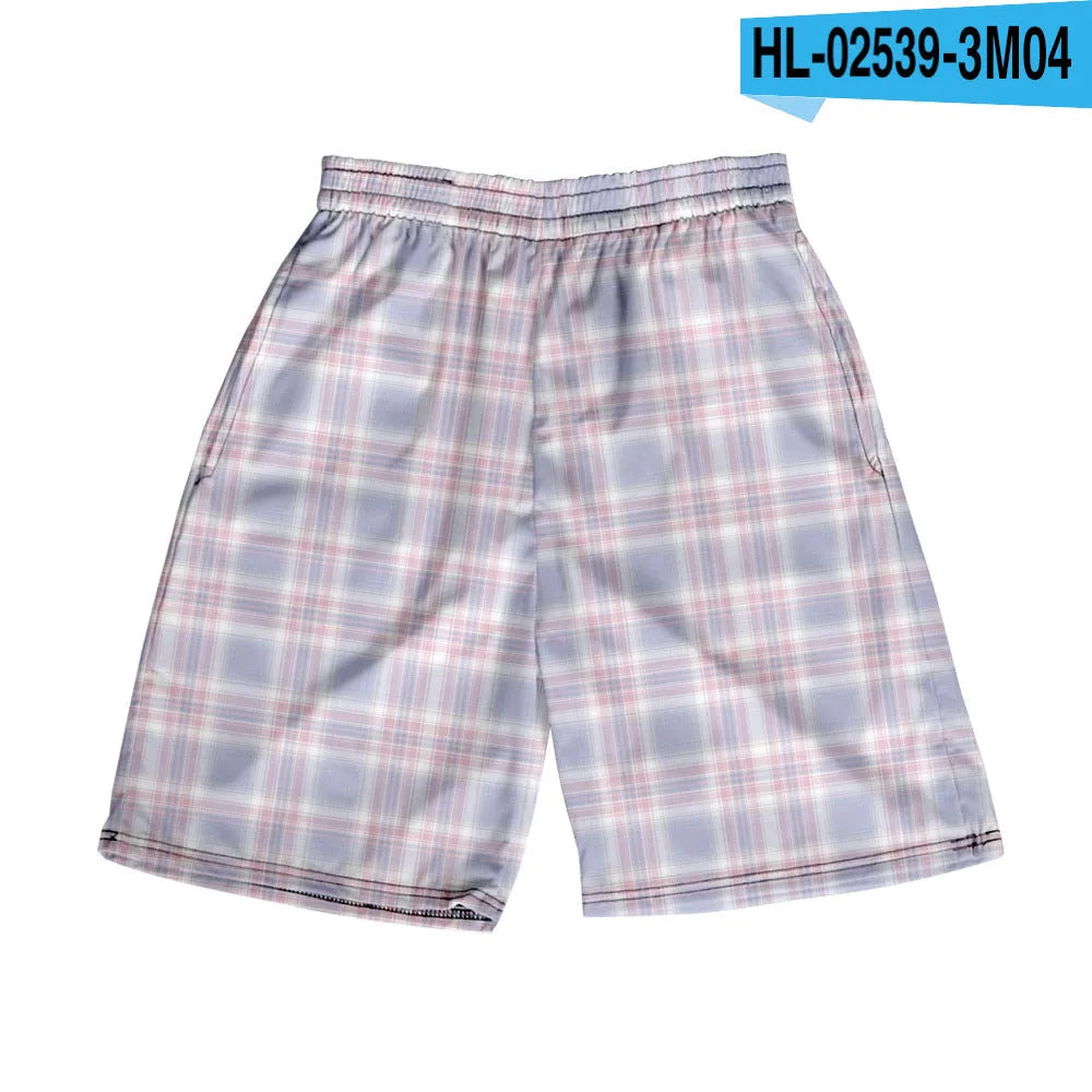 Man wearing straight-leg plaid shorts with an elastic waistband on a beach, showing one of twenty available colour variations.