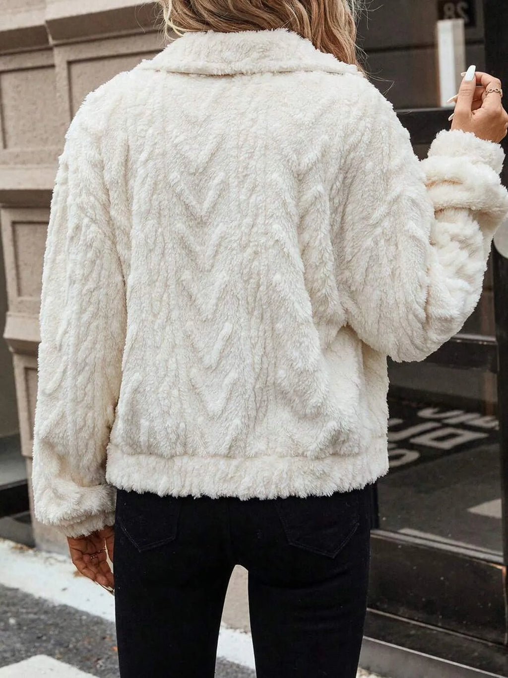 Women's ivory white double-sided plush button cardigan top coat with long sleeves