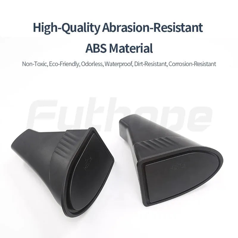 Two black ABS plastic storage and trash can bins designed for the front door panels of a Tesla Model Y.