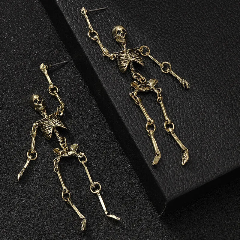 Exaggerated skull frame earrings in antique silver, zinc alloy electroplated finish, unisex design with hook fastening on white background