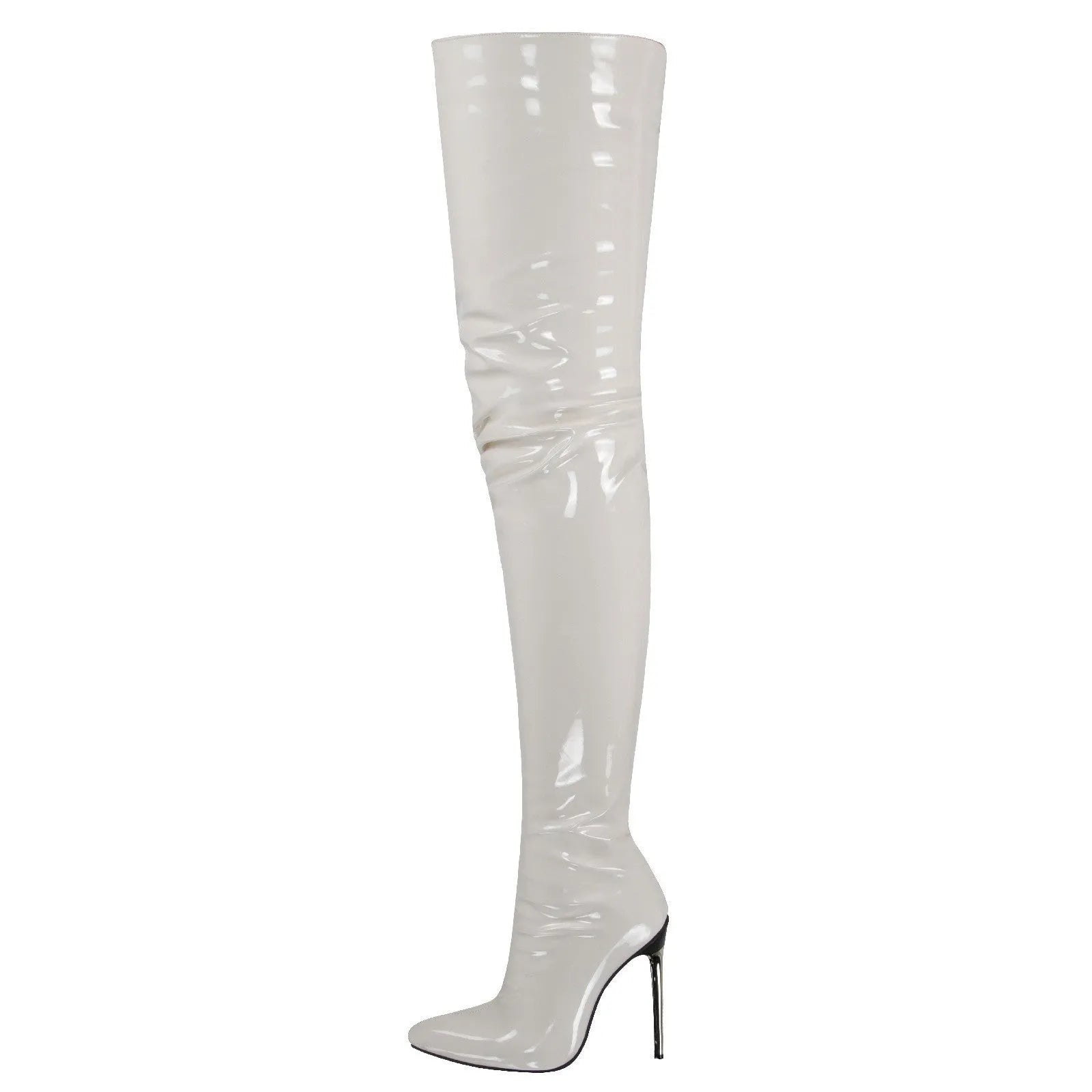 Lady's plus-size over-the-knee fashion boots with metal heels in black, side zipper, size 35-48