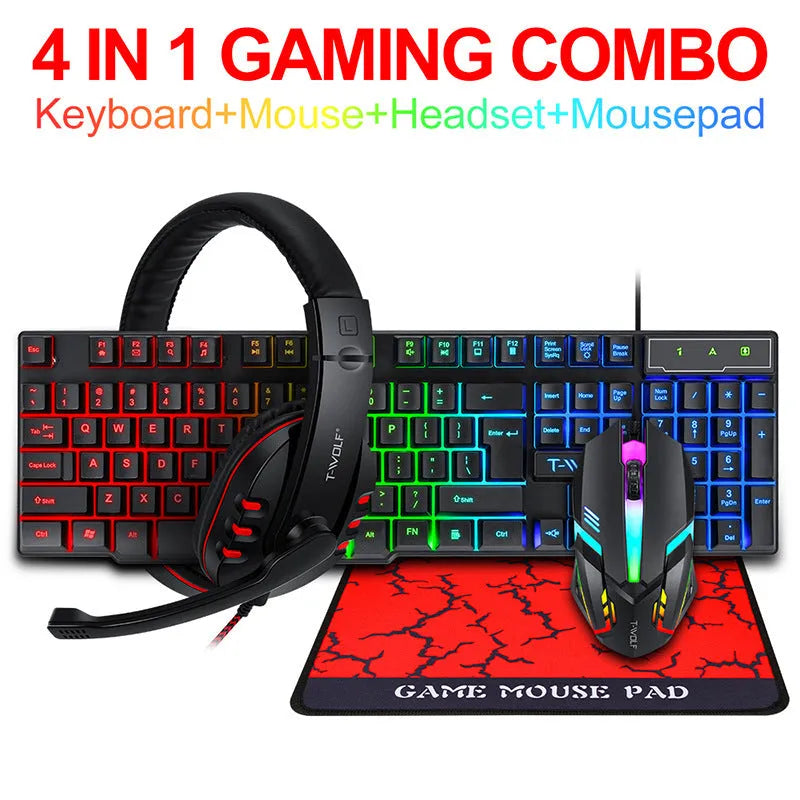 Thunder Wolf T800 wired gaming keyboard and mouse bundle with headset and extended mouse pad