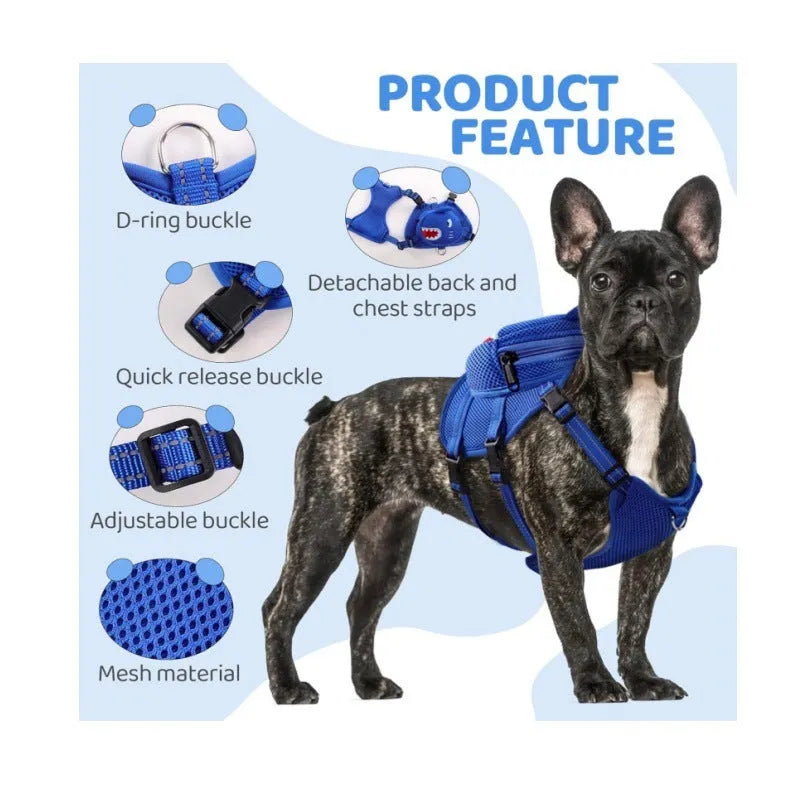 Adjustable polyester pet dog breast strap backpack with cartoon animal pattern, blue option, 10x10x3cm size