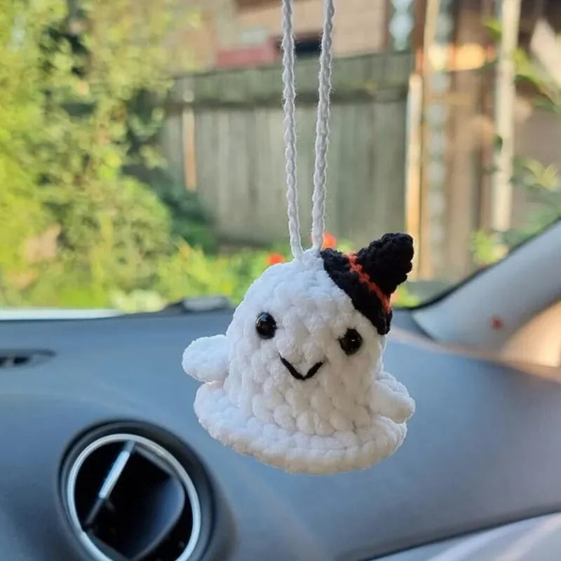 Polyester plush hand-woven cartoon automobile hanging ornament showing Halloween bat and ghost designs.
