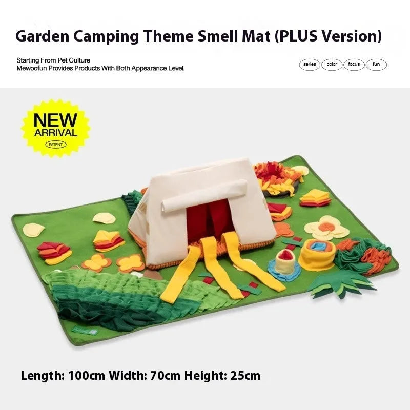 Plastic fabric dog sniffing mat with themed design for treat hiding and canine enrichment