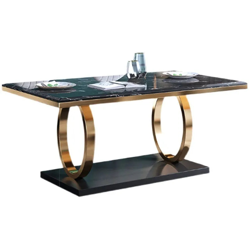 Rectangle slate dining table with marble finish and metal frame, shown with pineapple or round-back chairs