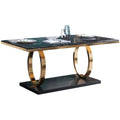 Rectangle slate dining table with marble finish and metal frame, shown with pineapple or round-back chairs