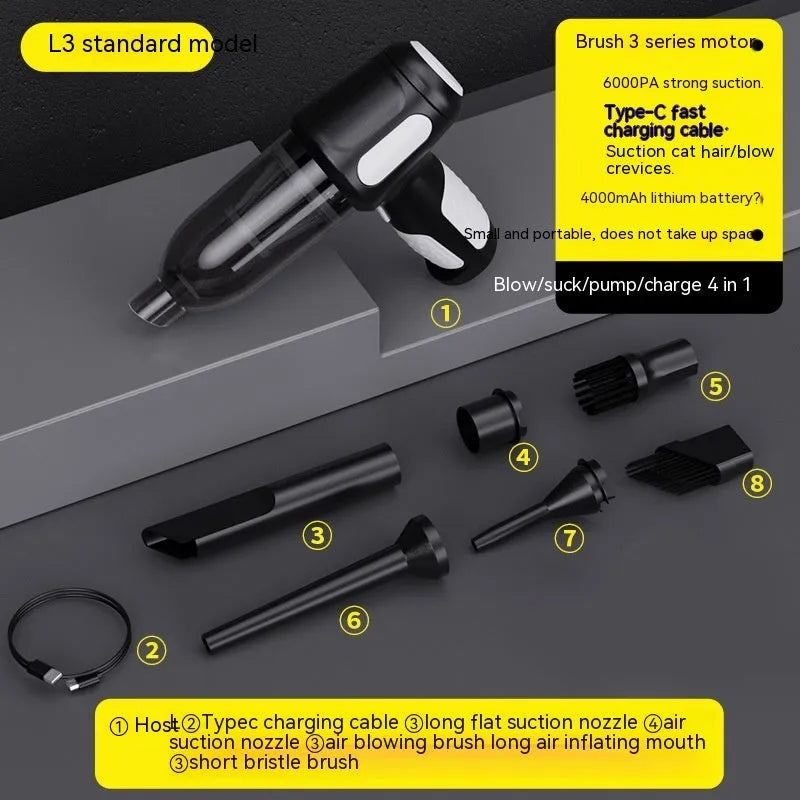Handheld car vacuum cleaner with nozzle attachments in black, white, or grey colours