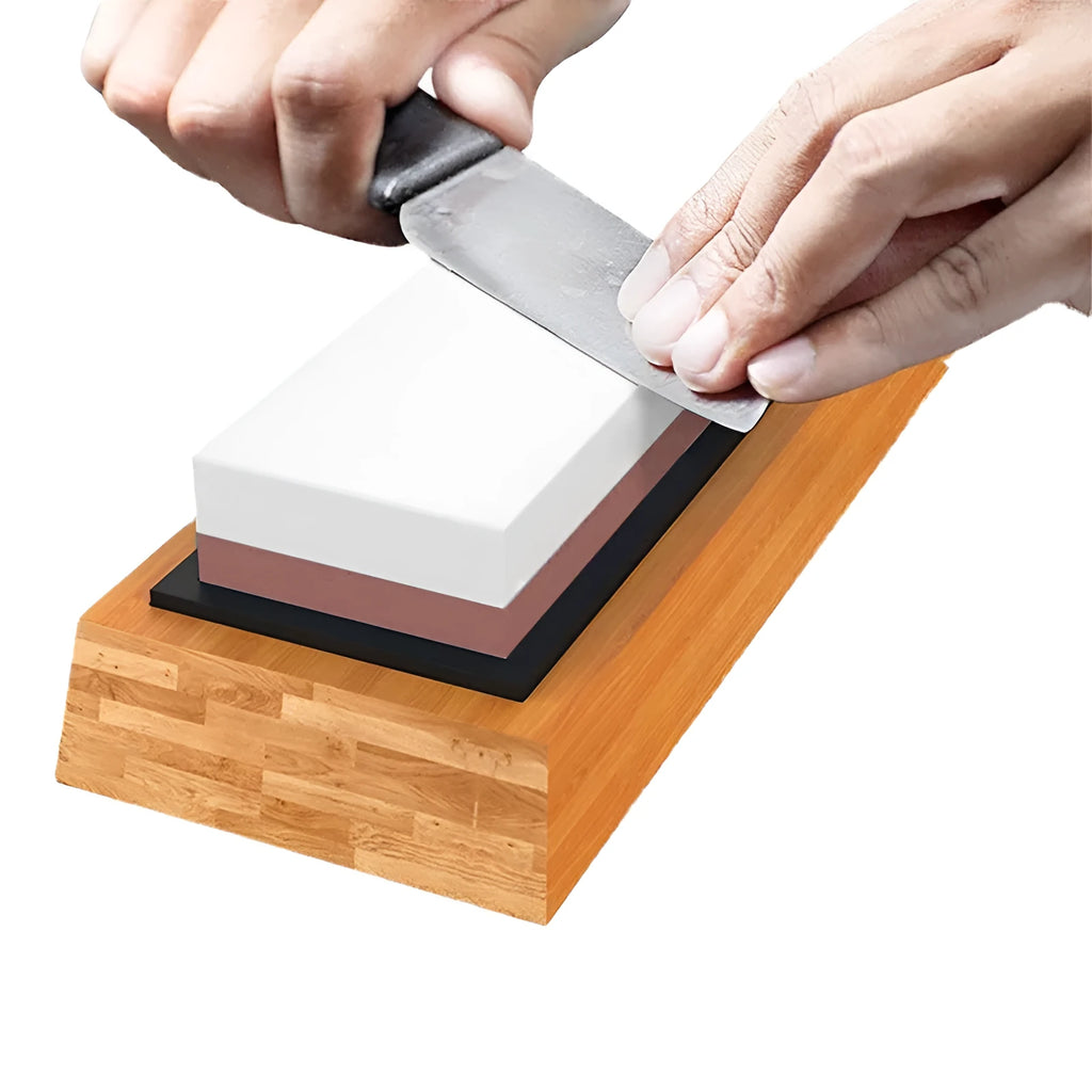 Green and white 3000/8000 grit kitchen whetstone sharpening set with bamboo base and accessories