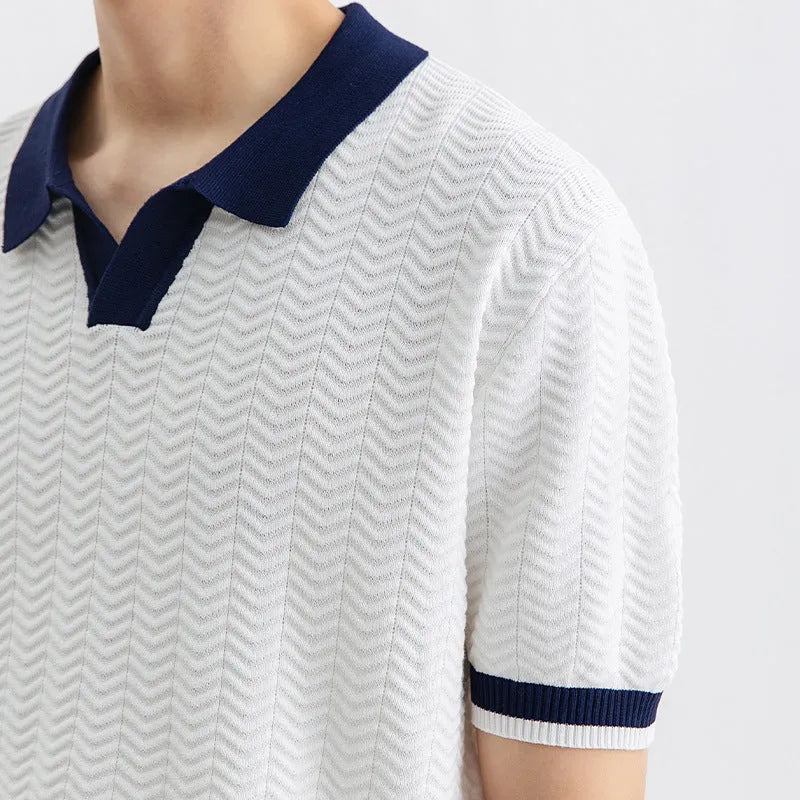 Men's ice silk striped polo shirt, short sleeve, slit detail, dark green camel black white, sizes M-3XL