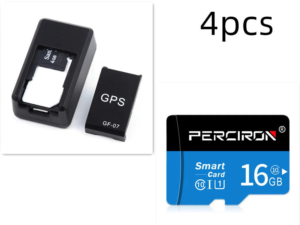 Small black magnetic GPS tracker device next to a USB charging cable on a table.