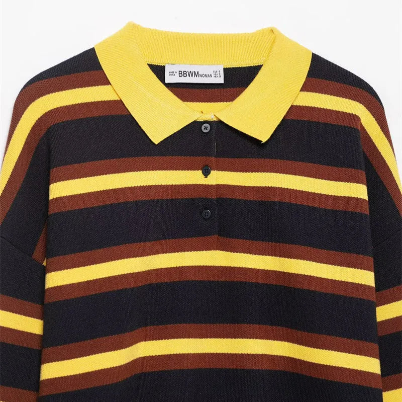Women's striped polo collar knitted sweater in picture colour with contrast stitching and long sleeves