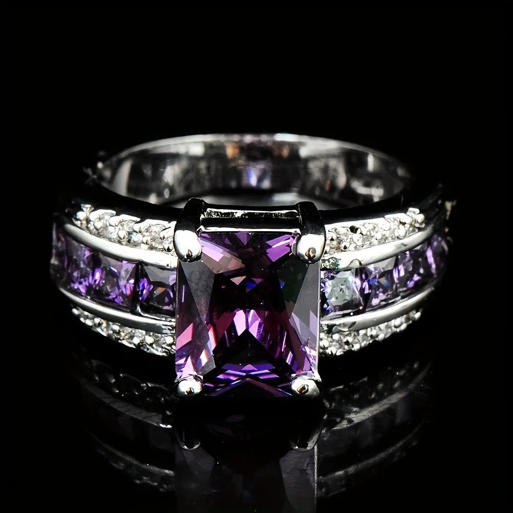 Zinc alloy fashion ring with diamond or zircon stone detailing in sunflower blue, square blue, or square purple designs.