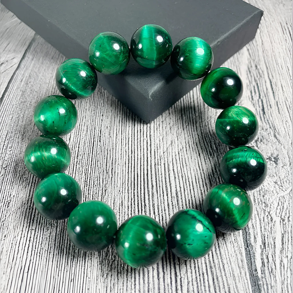 Green tiger eye stone bracelet with polished geometry beads showing five size options