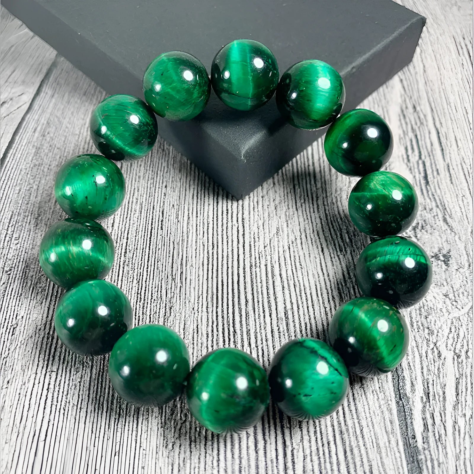 Green tiger eye stone bracelet with polished geometry beads showing five size options