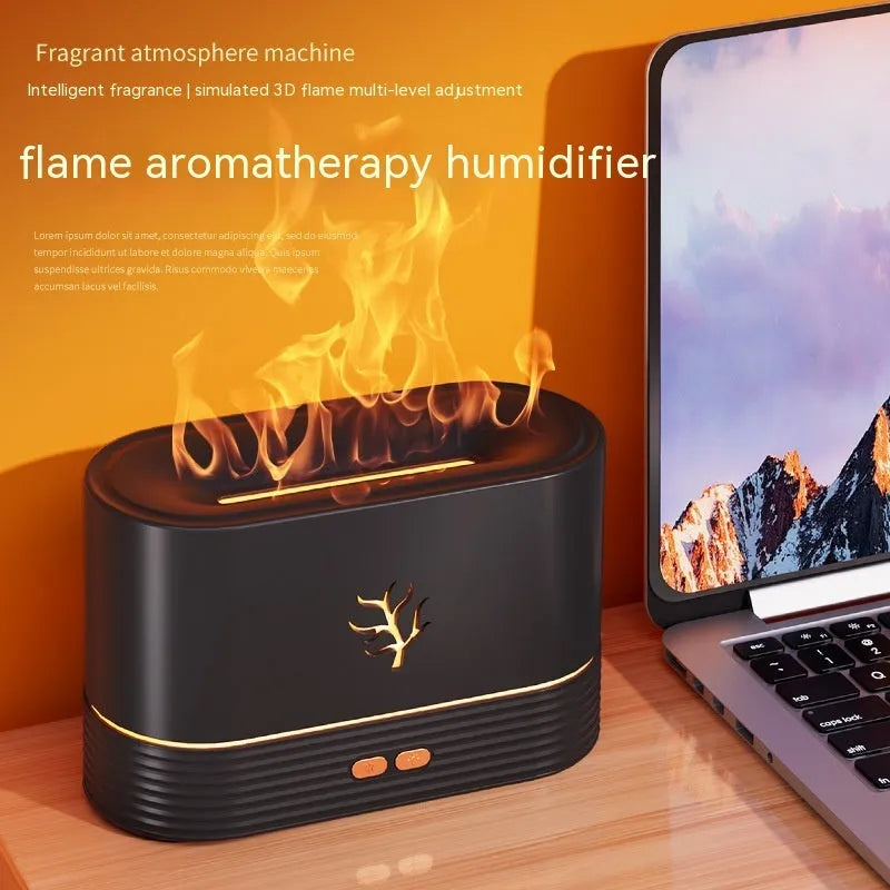 Square white USB aroma diffuser with flame effect LED lighting and humidifier function