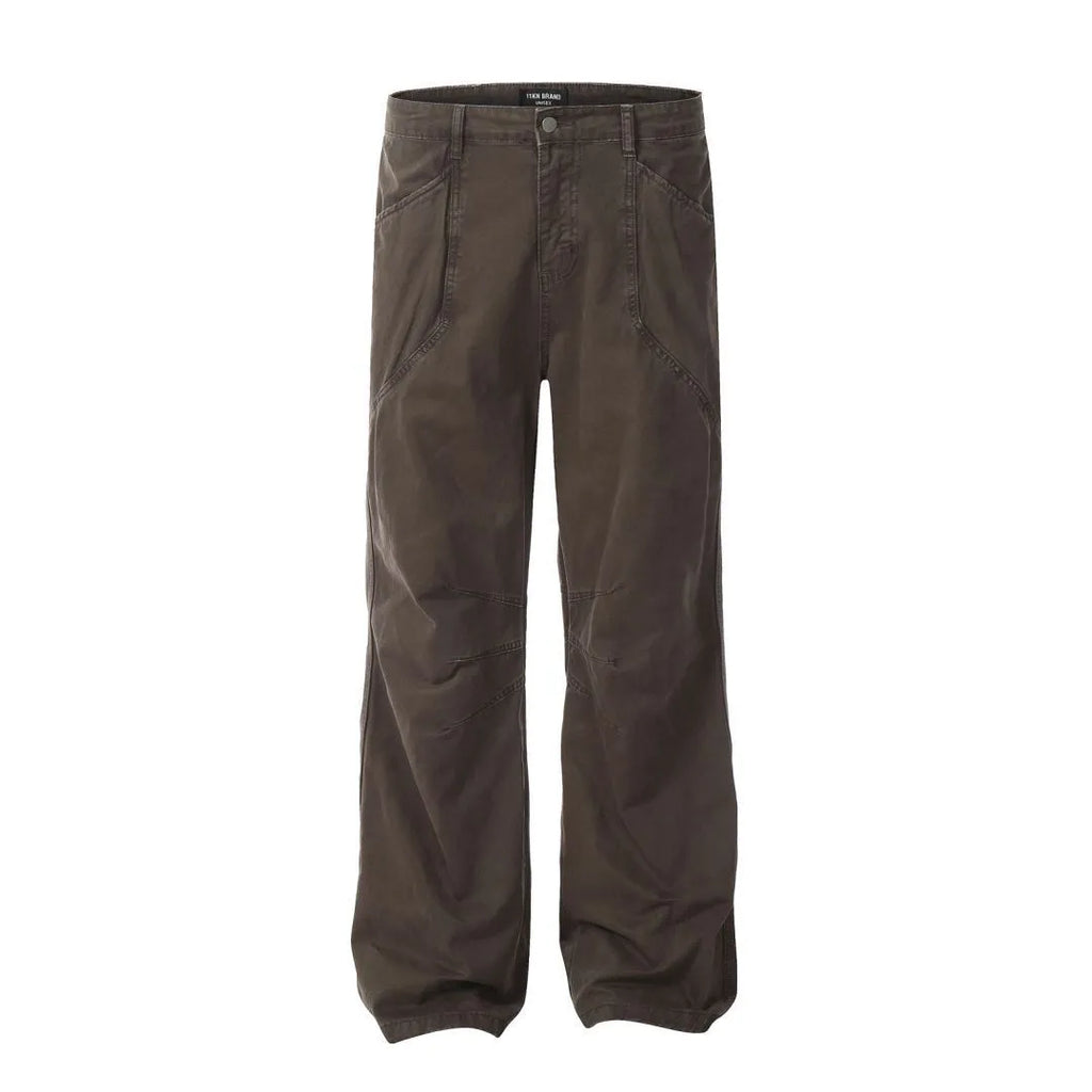 Men's loose straight-leg trousers in brown colour with high-waist design and zipper fly closure