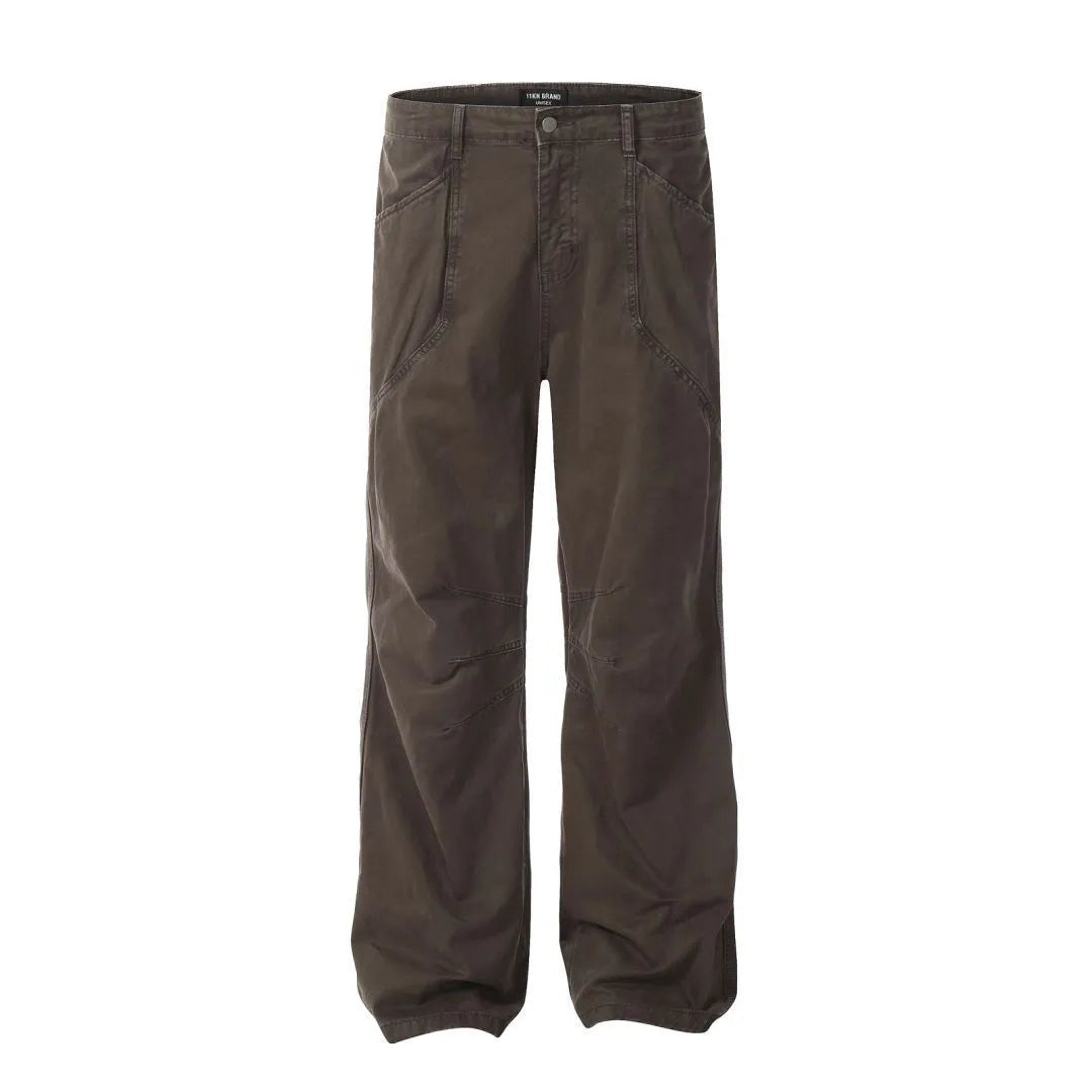 Men's loose straight-leg trousers in brown colour with high-waist design and zipper fly closure