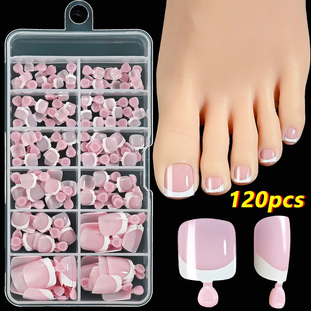 Open box showing 120 French white edge nude square false toe nail pieces in various shades.