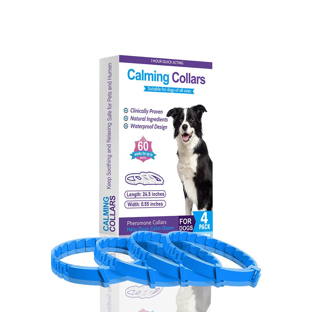 Set of four monochrome dog anxiety relief collars in assorted colours, showing soft TPR material and adjustable 62cm length.