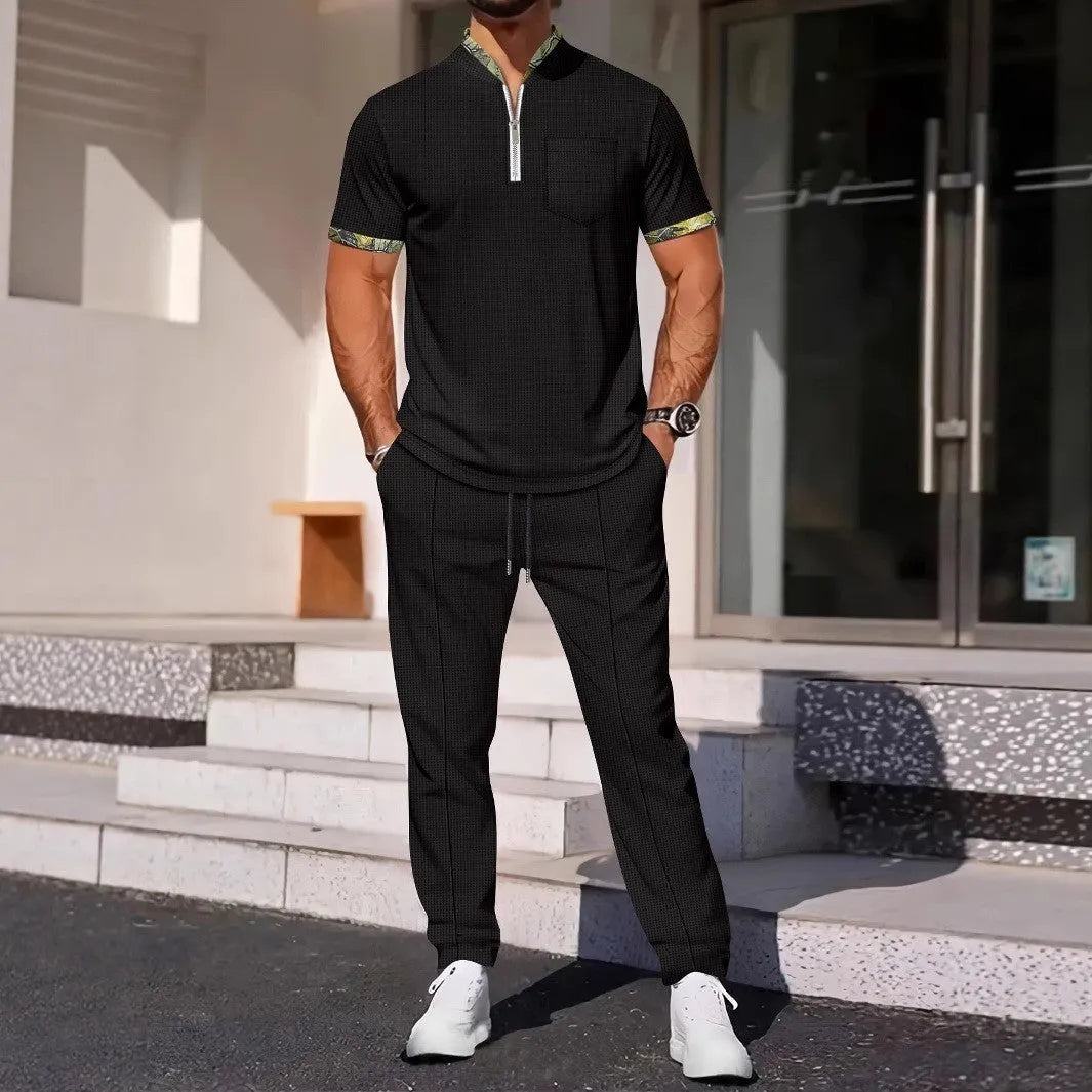 Men's colour matching casual sports suit in polyester fibre, short sleeve top and trousers, available in six colours