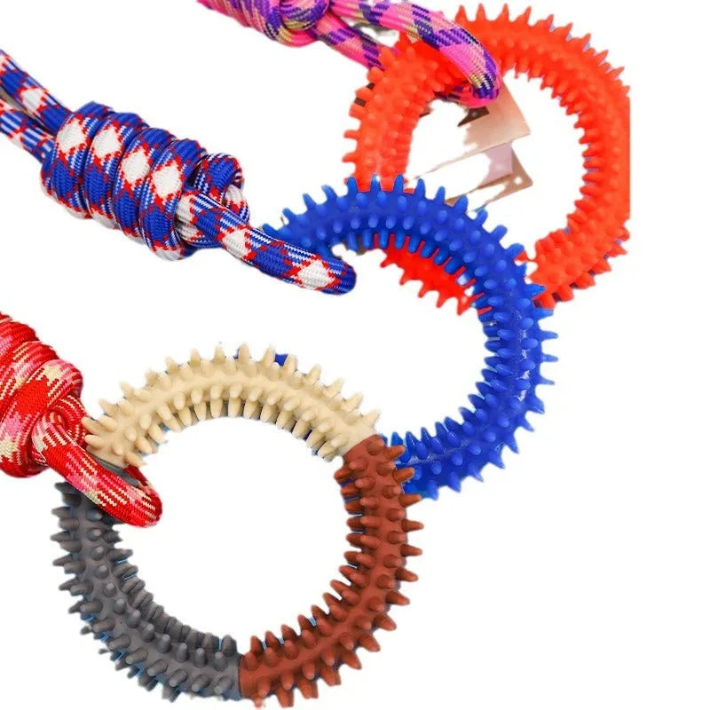 Blue, red and rose red braided rope dog toy with knots for aggressive chewing