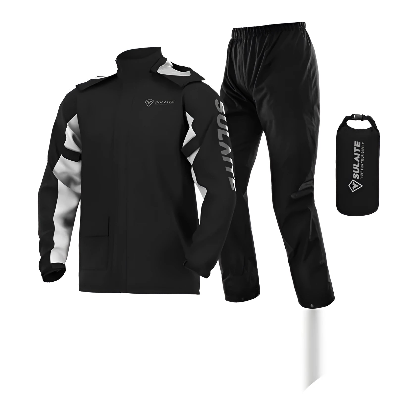 Black motorcycle rain suit with split raincoat, rain trousers, hidden shoe covers, and storage bag laid out