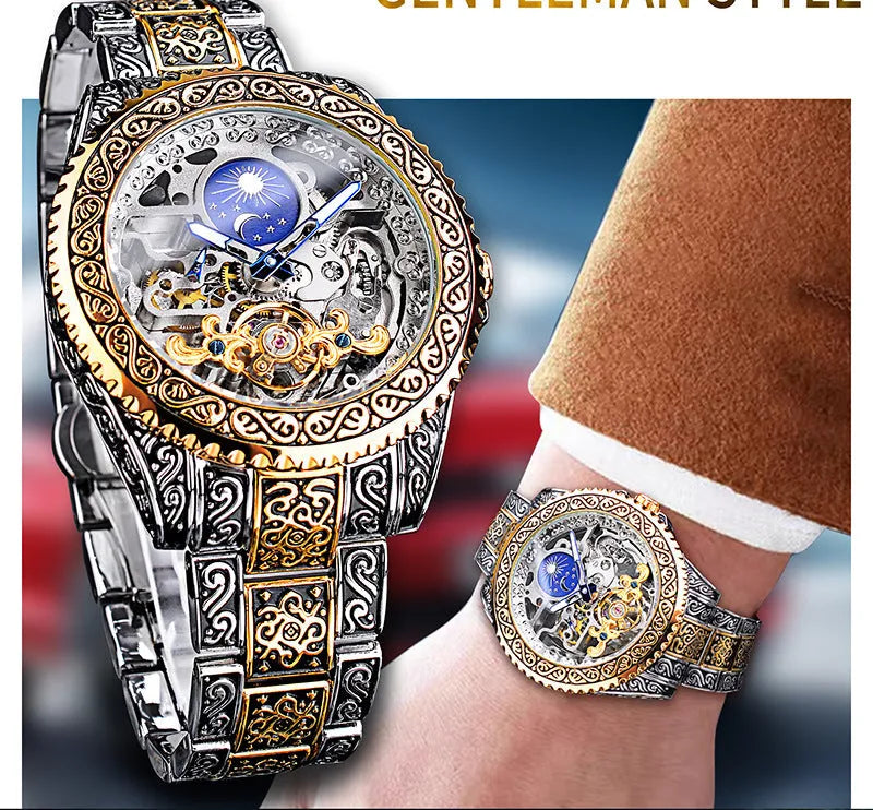 Yellow Forsining skeleton tourbillon mechanical watch with stainless steel case and bracelet