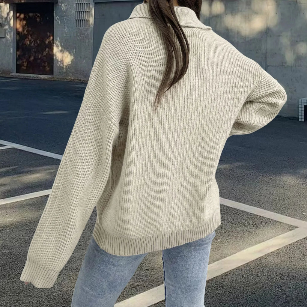 Women's light khaki alpaca wool retro sweater with an oblique zip and loose turtleneck collar.