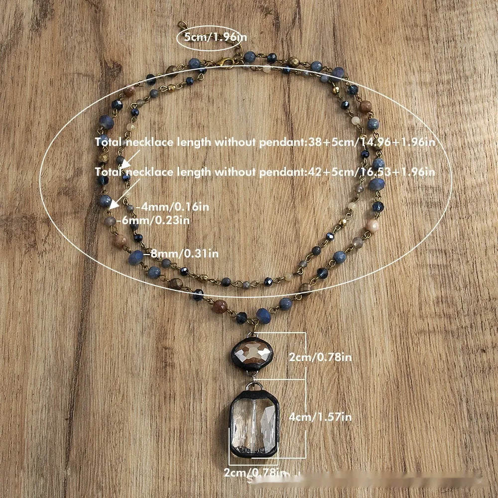 Tribal style necklace with two-layer stone and glass pendant on adjustable alloy chain