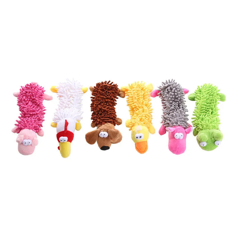 Plush microfibre horse molar dog chew toy showing brown dog, yellow duck, and white chicken designs