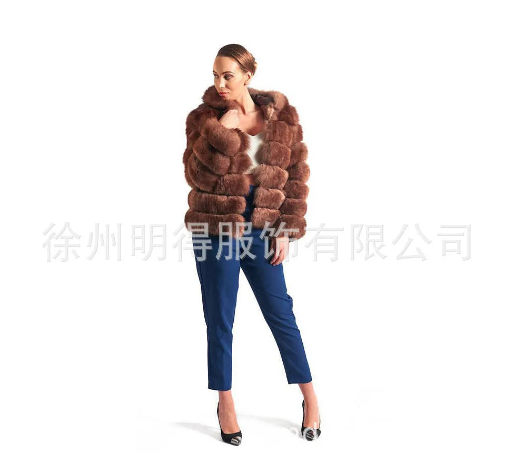 Loose hooded women's coat in artificial fur, shown in brown and white silver fox colours.