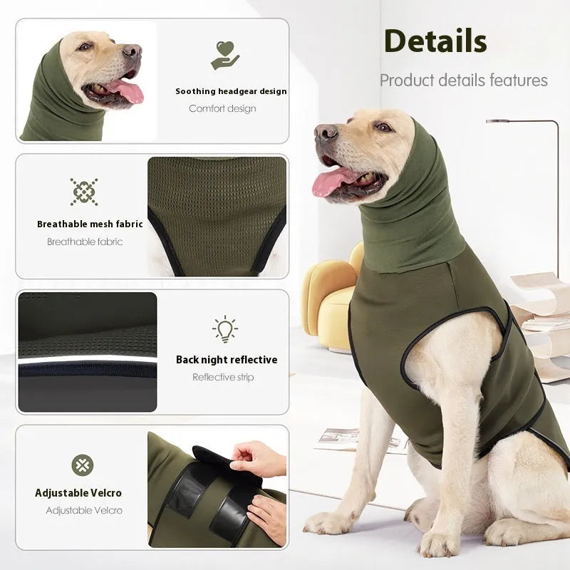 Dog wearing army green anti-anxiety jacket for calming pressure during stressful situations