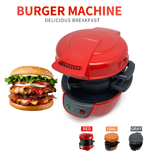 Bright red breakfast sandwich maker with egg cooking ring and waffle plates on kitchen counter