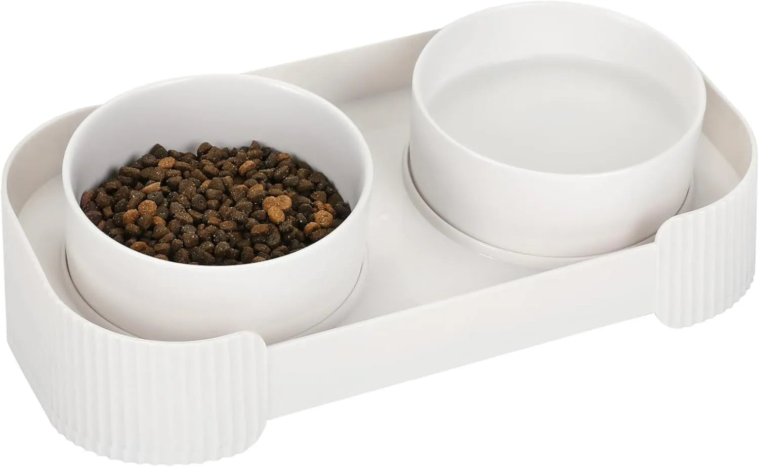Green ceramic raised cat feeding bowls set with tilted design on a non-slip stand