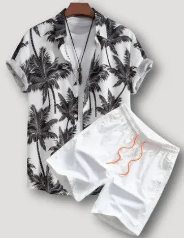Men's beach shirt suit with short sleeves and matching shorts in polyester fabric