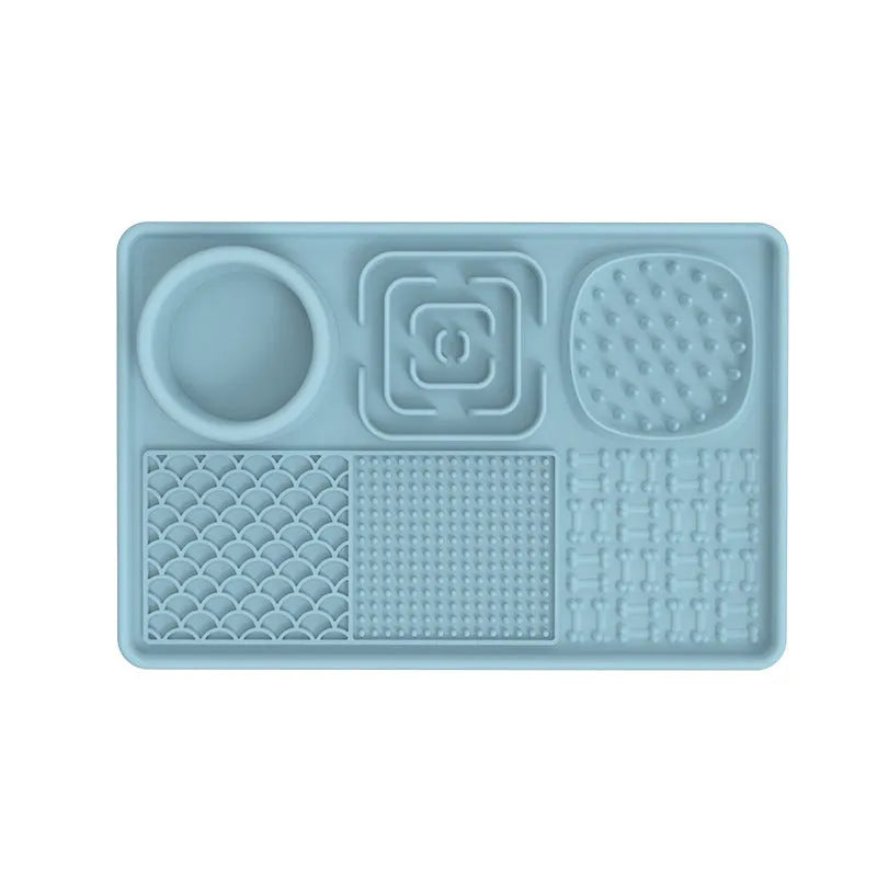 Silicone dog slow food mat with sucker base, square or rectangular, in green, pink, grey, black, or blue.