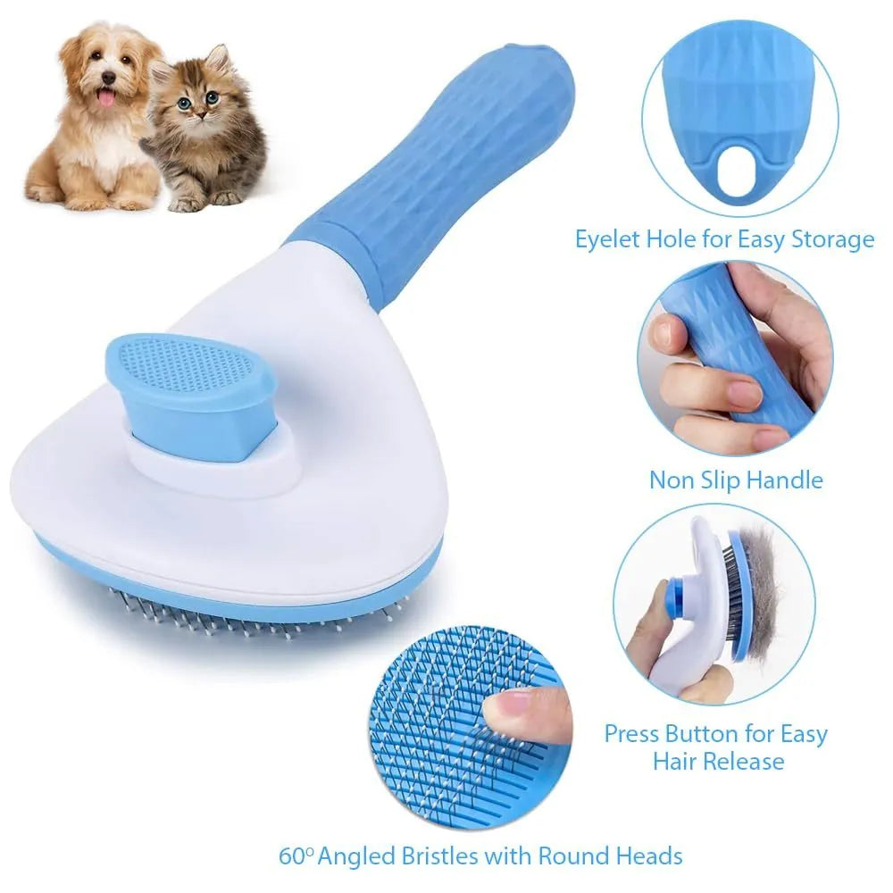 A grey cat grooming brush with a release button and fine wire bristles, shown removing loose fur.