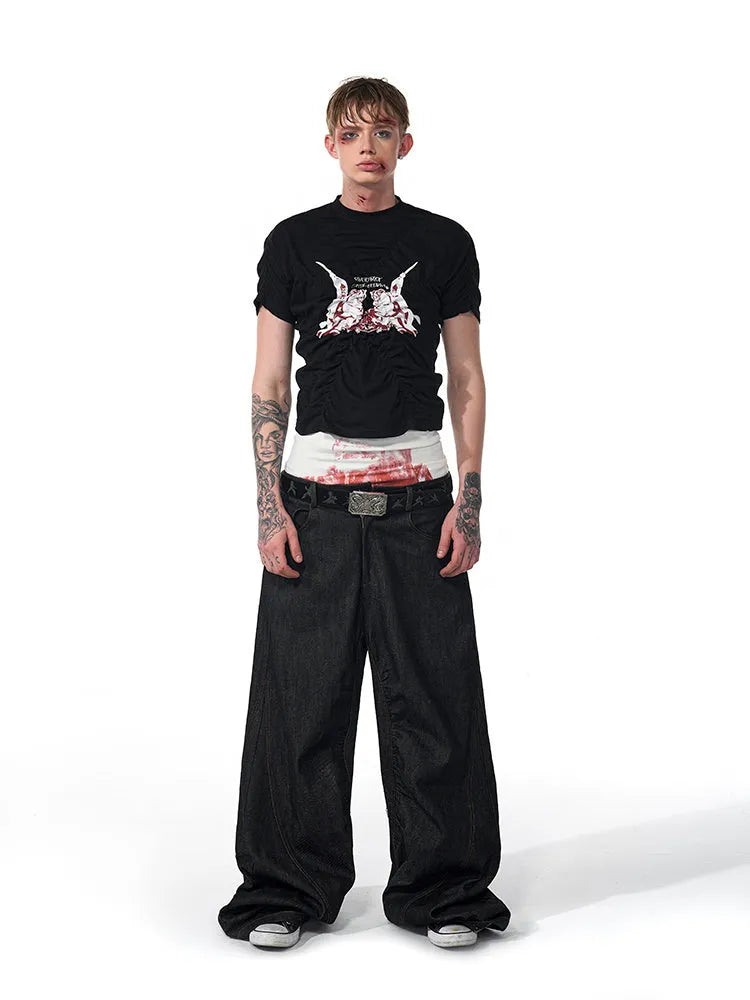Black men's slim fit T-shirt with printed pattern, short sleeves and round neck collar