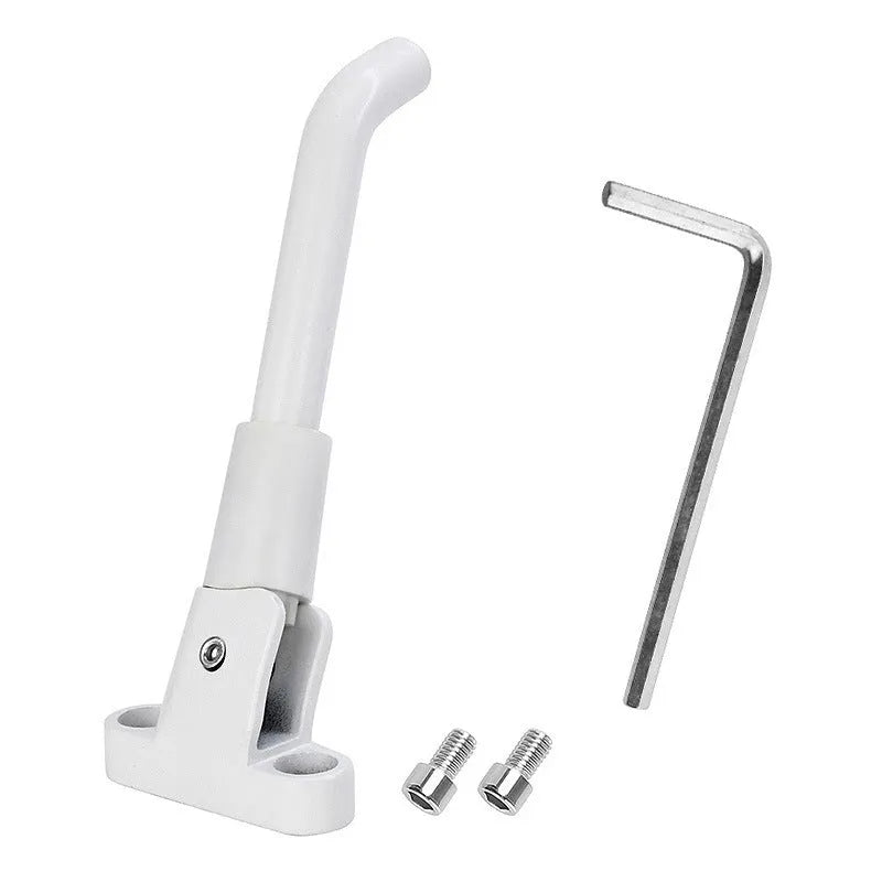 Aluminium alloy electric scooter foot brace accessory in black, white and grey colours with mounting screws