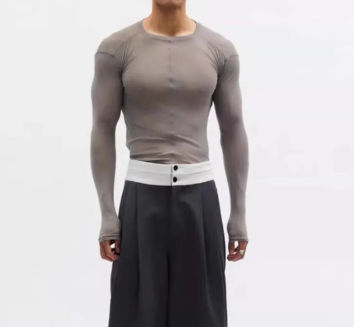 Black slim-fit long sleeve pullover top with mesh see-through texture.