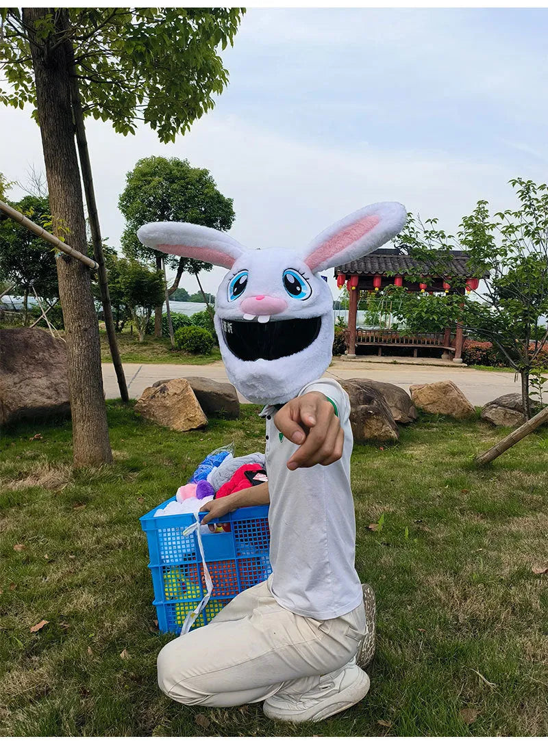 White long-eared rabbit plush helmet cover for electric motorcycles