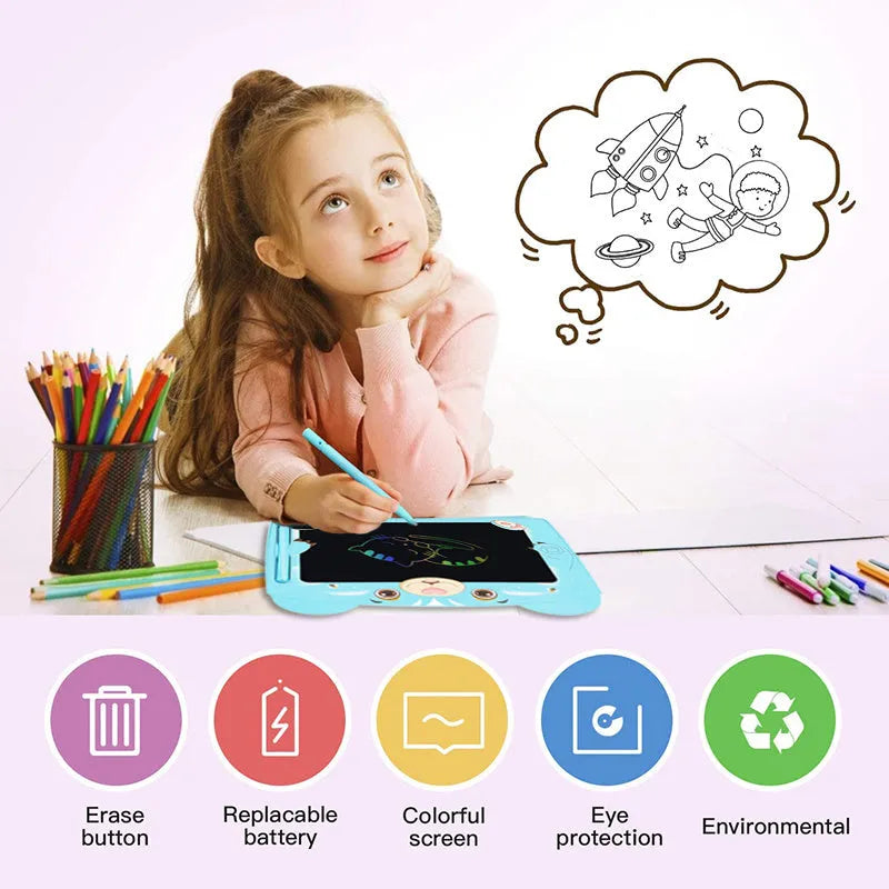 Sky blue children's LCD writing tablet with bear cartoon design showing writing area and stylus