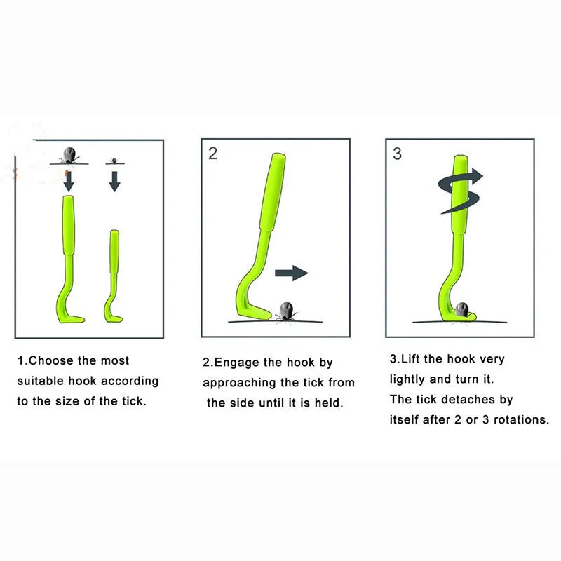 Three plastic pet tick removal clips in blue or green colours for dog and cat grooming