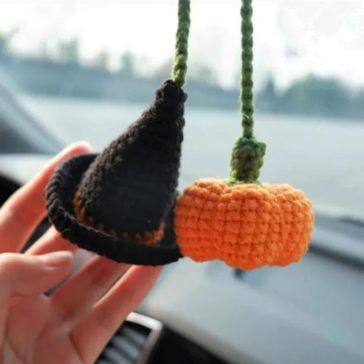 Polyester plush hand-woven cartoon automobile hanging ornament showing Halloween bat and ghost designs.