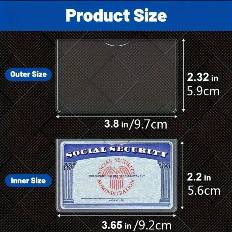 Clear transparent PVC social security card holder measuring 9.7 by 5.9 centimetres.